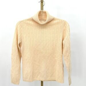 Fine Gauge Cable Knit Turtleneck Sweater Small Butter Yellow Italian Merino Wool